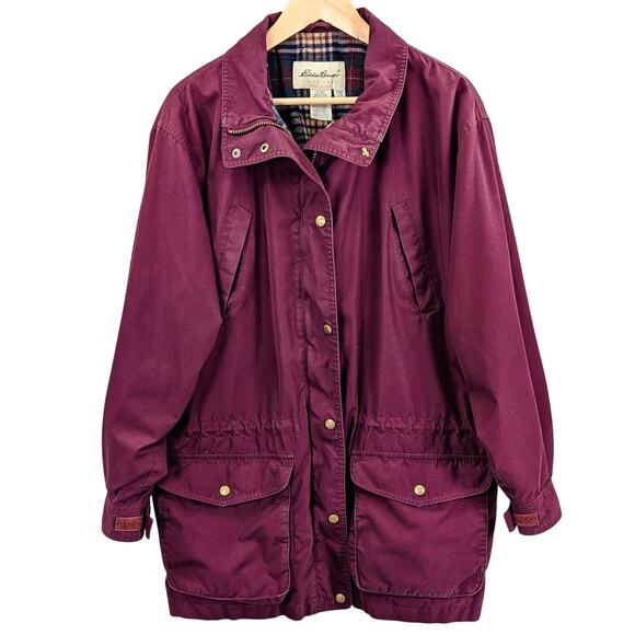 Vintage 90s Eddie Bauer Wool Lined Chore Coat Utility Parka Maroon Red Large EUC - Picture 1 of 16